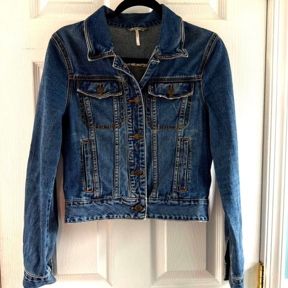 Free People Cropped Denim Jacket Paisley Lined Womens Small Blue